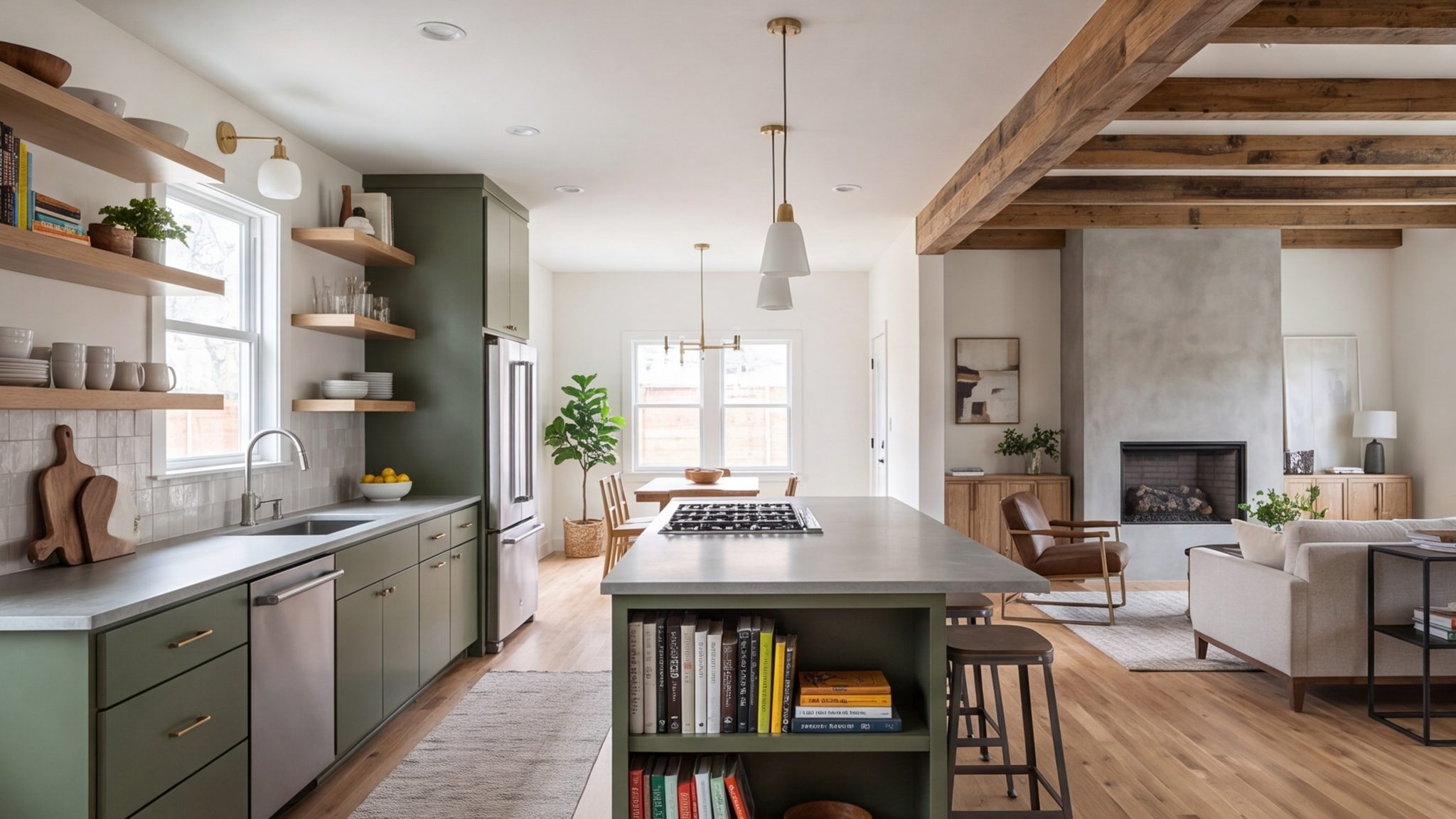 View through a remodeled Dallas home from the kitchen to the living room