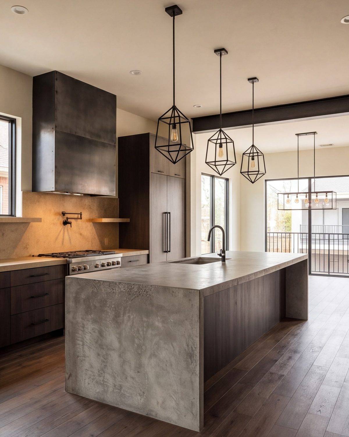 Finished Dallas kitchen with stone island and pendant lights