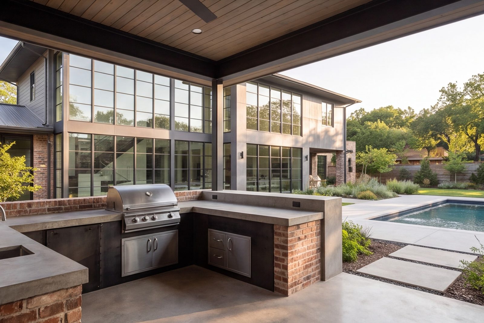 Outdoor kitchen and covered patio in Turtle Creek