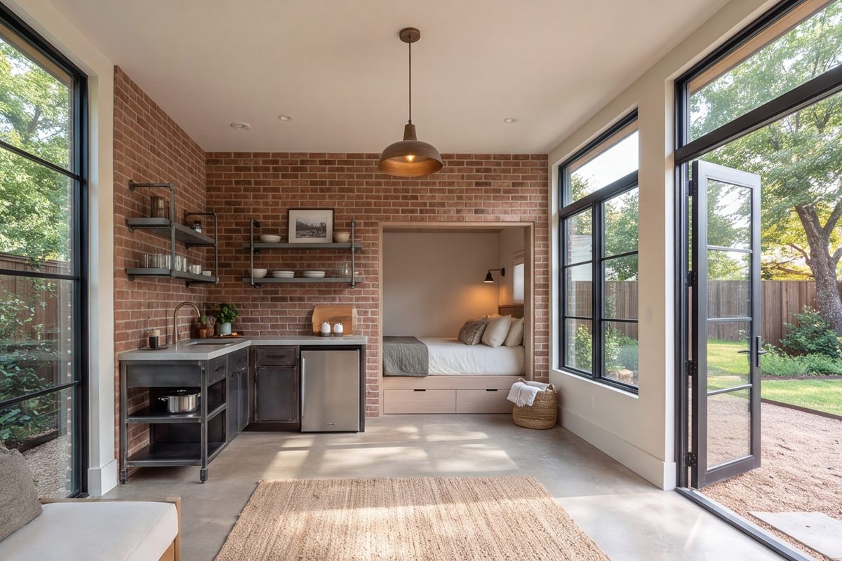 Backyard studio ADU interior in Dallas with small kitchen
