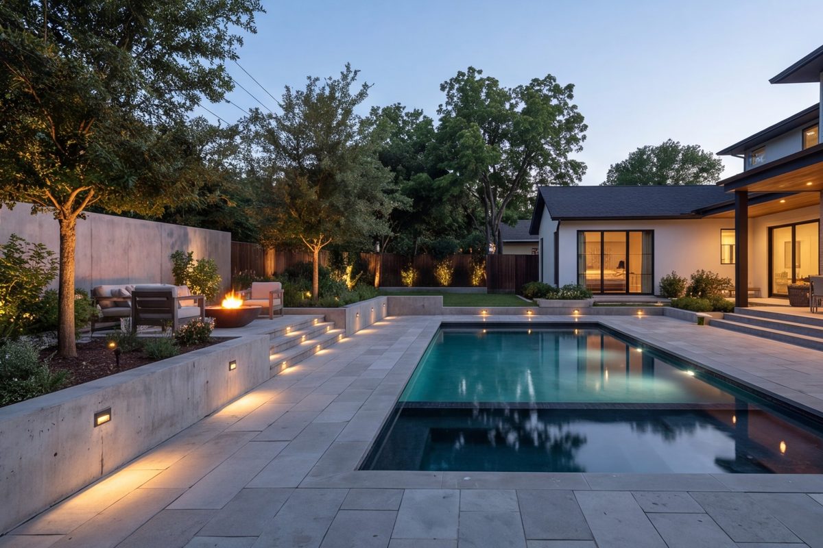 Dallas backyard with stone patio and pool