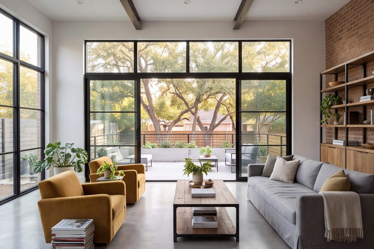 Living room with new black-frame windows and sliders